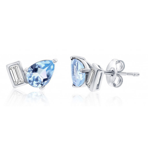 Cartier Inspired Pear Shape Sky Blue Topaz & Emerald Cut White Topaz Stud Earrings in Italian Sterling Silver