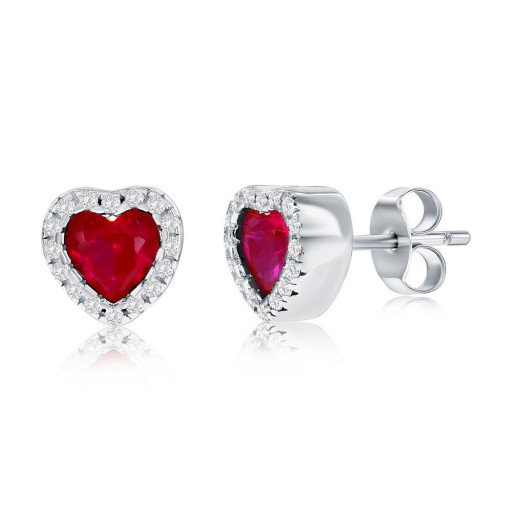 Heart Shape Ruby & White Sapphire Stud Earrings in Italian Sterling Silver