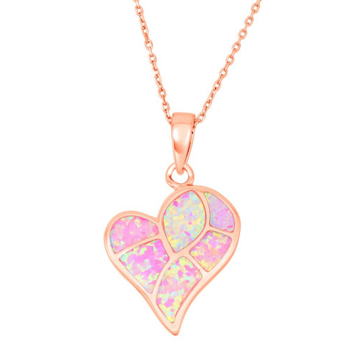 Hanging Heart Pendant With Pink Opal Inlay in Rose Gold Plated Italian Sterling Silver