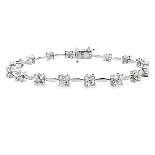 Tiffany Inspired Round Brilliant Cut Floral Design Diamond Tennis Bracelet in 14K White Gold