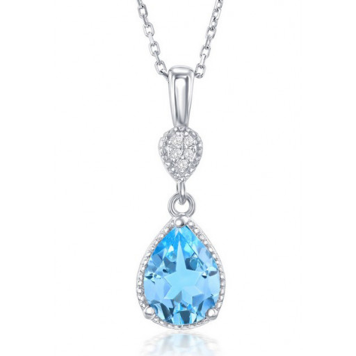 Cartier Inspired Teardrop Blue Topaz & White Topaz Pendant in Italian Sterling Silver