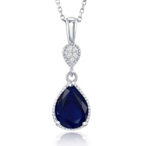 Cartier Inspired Teardrop Diffused Sapphire & White Topaz Pendant in Italian Sterling Silver