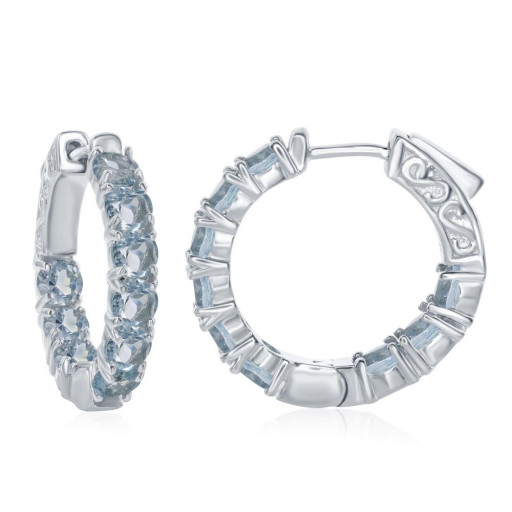 Shared Claw Round Blue Topaz Hoops in Italian Sterling Silver