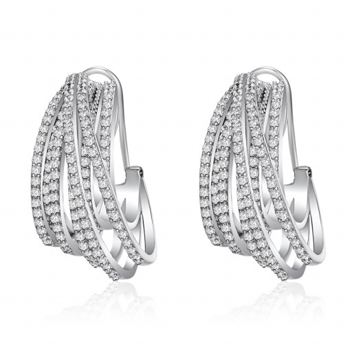 Modern Design Multi Row Hoop Earrings With Omega Backs & Swarovski Cubic Zirconia In Italian Sterling Silver