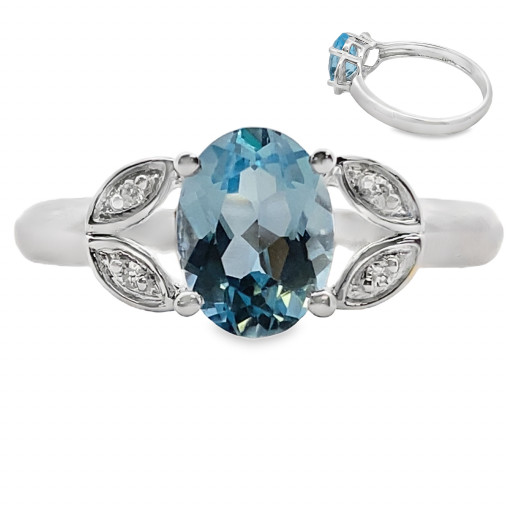 Tiffany Inspired Blue Topaz & Diamond Ring in 10K White Gold