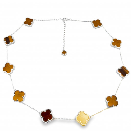 Van Cleef Inspired Natural Tiger Eye Necklace in Italian Sterling Silver