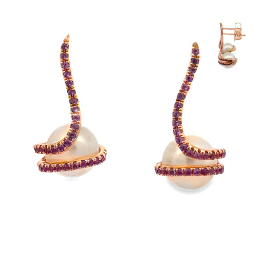 Mikimoto Inspired Freshwater Cultured Pearl & Amethyst Earrings in 14K Rose Gold