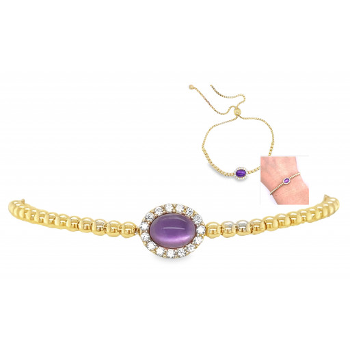 Cabochon Cut Amethyst Halo Bolo Bracelet in Yellow Gold Plated Italian Sterling Silver