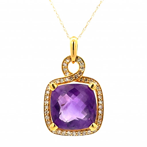Multi Faceted Cushion Cut Amethyst & Diamond Halo Pendant in 14K Yellow Gold