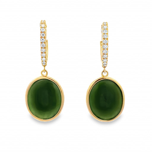Harry Winston Inspired Green Jade & Diamond Drop Earrings in 14K Yellow Gold