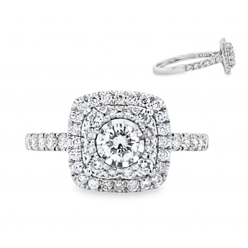 Tiffany Inspired Round Brilliant Cut Halo Diamond Ring in 10K White Gold