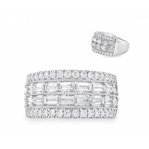 Cartier Inspired Baguette & Round Brilliant Cut Diamond Ring in 14K White Gold