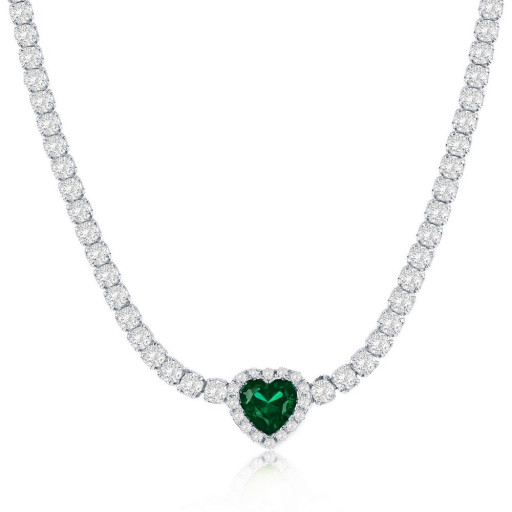 Simulated Heart Shape Emerald & Swarovksi Cubic Zirconia Necklace in Italain Sterling Silver