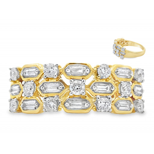 East - West Baguette & Round Brilliant Cut Multi Row Diamond Ring in 10K Yellow Gold