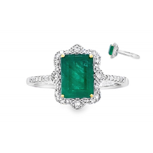 Emerald Cut Emerald & Diamond Halo Ring in 14K White Gold