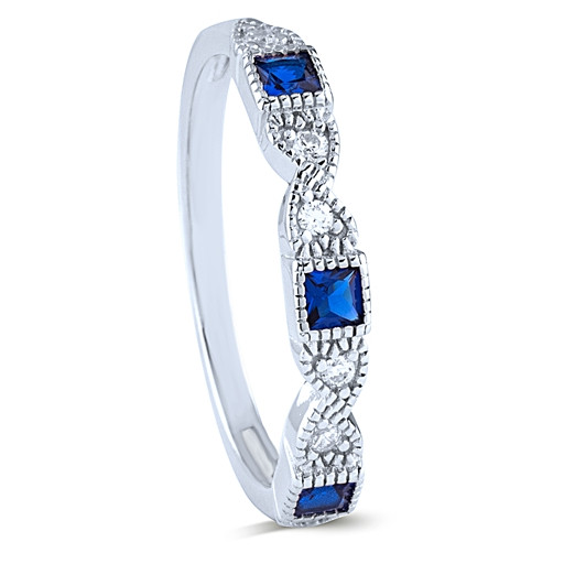 Past, Present & Future Simulated Princess Cut Blue Sapphire Ring in Italian Sterling Silver