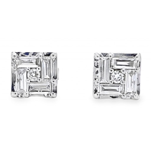 Baguette & Round Brilliant Cut Diamond Stud Earrings in 14K White Gold