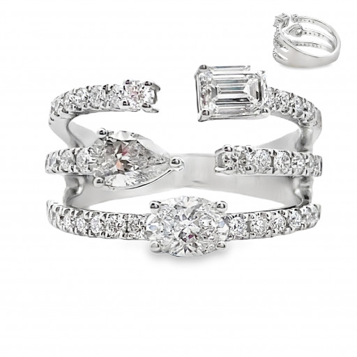 Past, Present & Future Emerald, Pear, Oval Diamonds With Round Brilliant Cut Diamond Ring in 14K White Gold
