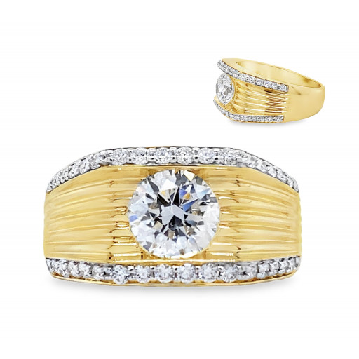 Rolex Inspired Round Brilliant Cut Diamond Ring in Ribbed 10K Yellow Gold