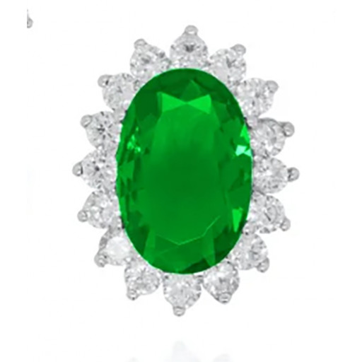 Princess Diana Inspired Simulated Oval Green Emerald Halo Pendant in Italian Sterling Silver