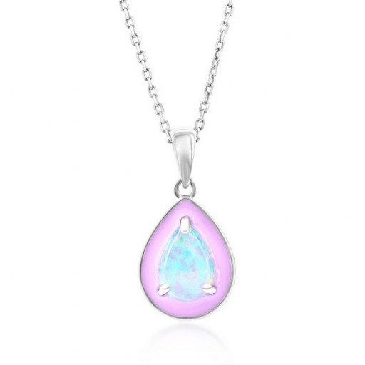 Pear Shape White Opal & Pink Enamel Pendant in Italian Sterling Silver