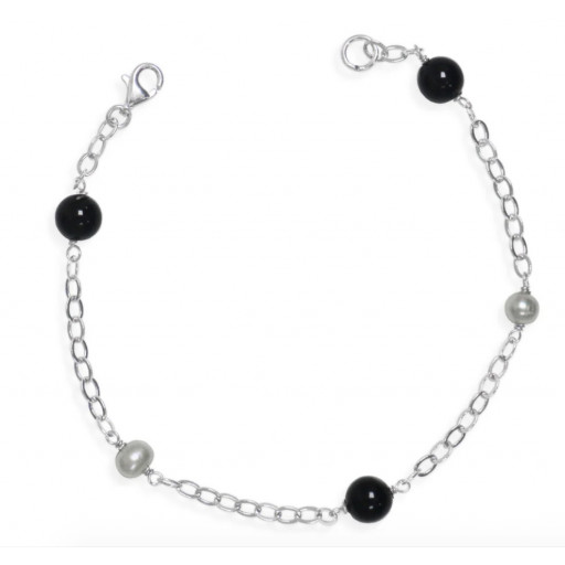 Onyx & Freshwater Pearl Bracelet in Italian Sterling Silver