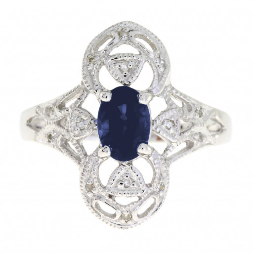 Victorian Style Blue Sapphire & Diamond Ring in 10K White Gold