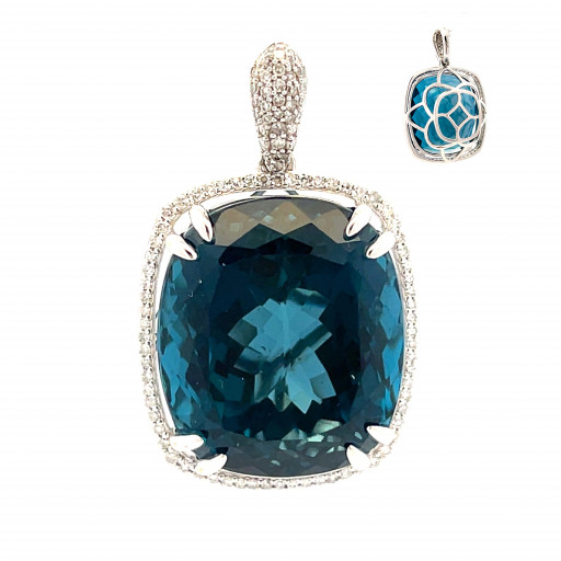 Harry Winston Faceted Cushion Cut London Blue Topaz & Diamond Halo Pendant in 14K White Gold