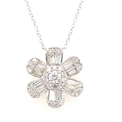 Van Cleef Inspired Baguette & Round Brilliant Cut Diamond Floral Pendsnt in 14K White Gold