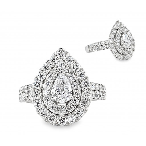 Tiffany Inspired Teardrop Double Halo Diamond Ring in 10K White Gold