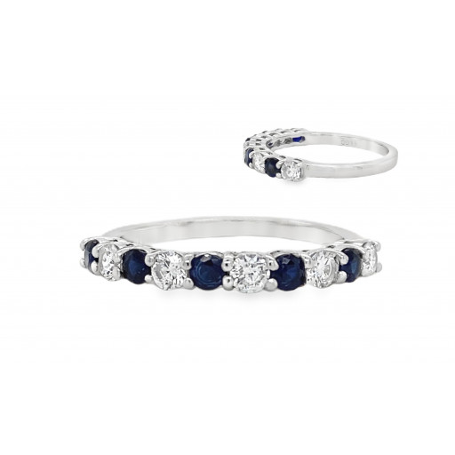 Round Brilliant Cut Diamond & Blue Sapphire Ladies Band in White Gold & Italian Sterling Silver