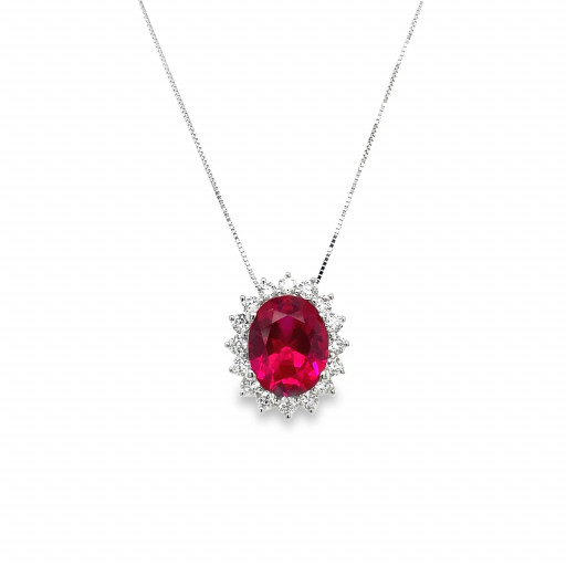 Princess Diana Inspired Oval Red Ruby & Diamond Halo Pendant in 14K White Gold