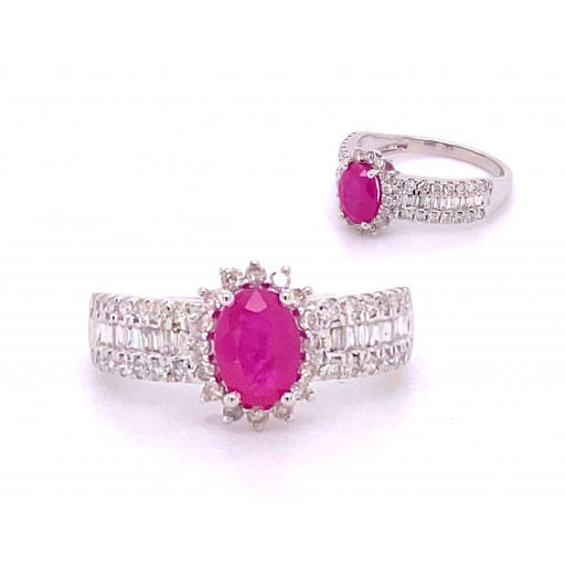 Princess Diana Inspired Oval Red Ruby & Diamond Halo Ring in 14K White Gold