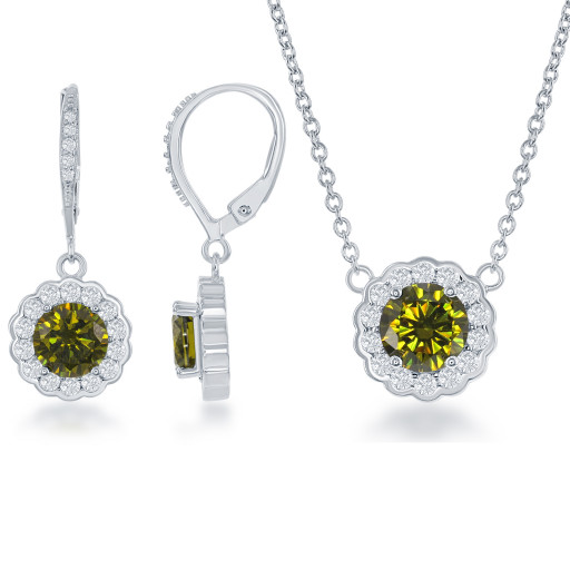 Tiffany Inspired Round Brilliant Cut Peridot Halo Necklace & Matching Drop Earrings Set in Italian Sterling Silver