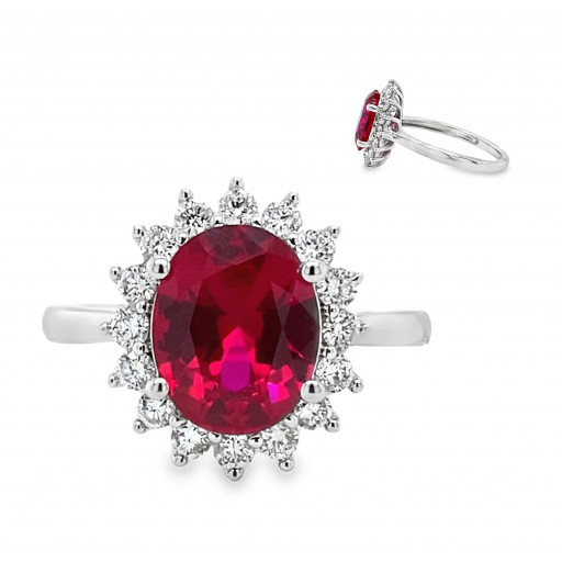 Princess Diana Inspired Oval Ruby & Diamond Halo Ring in 14K White Gold