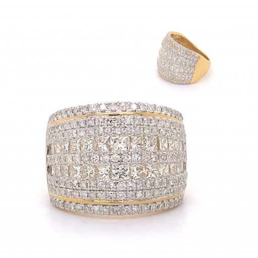 Multi Row Princess & Round Brilliant Cut Diamond Ring in 14K Yellow Gold