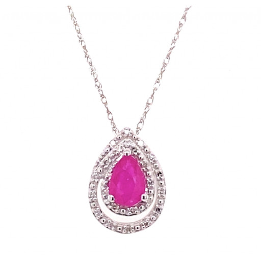 Teardrop Ruby & Diamond Halo Pendant in 14K White Gold