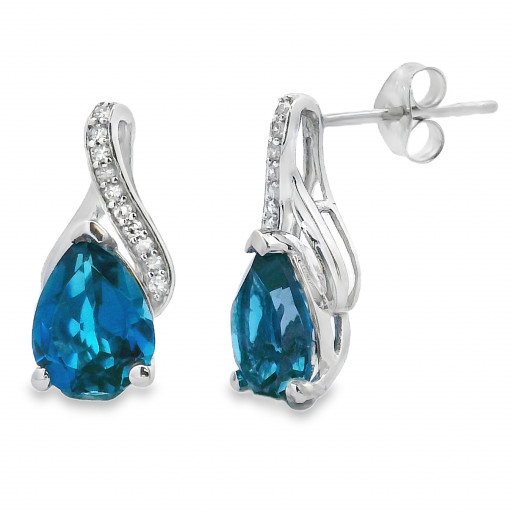 Pear Shape & Diamond London Blue Topaz & Diamond Earrings in 14K White Gold