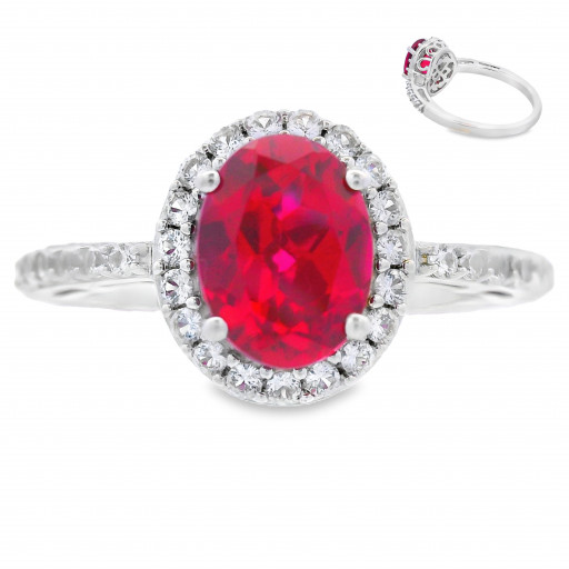 Princess Diana Inspired Created Oval Ruby Halo Ring in Italian Sterling Silver