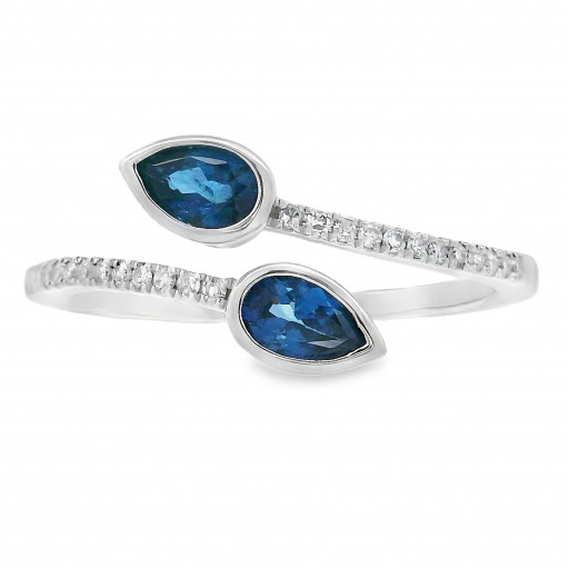 Bezel Set Pear Shape Blue Sapphire & Diamond Ring in 14K White Gold