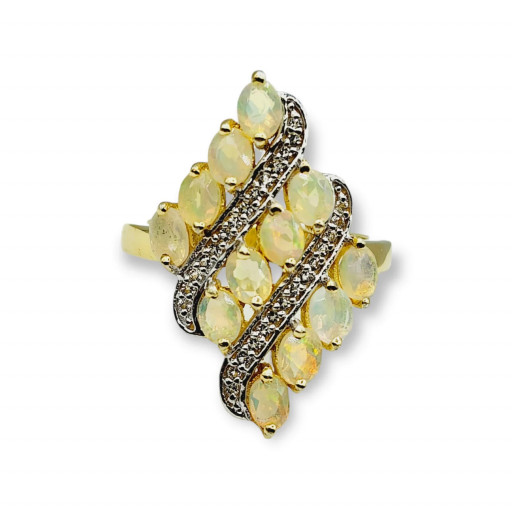 Three Row Opal & White Sapphire Ring in Italian Sterling Silver