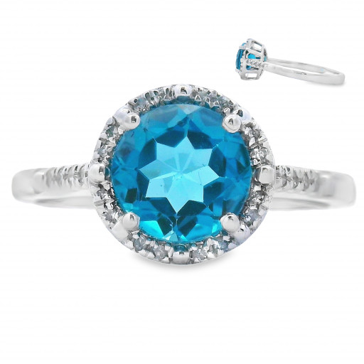 Harry Winston Inspired Round London Blue Topaz & Diamond Ring in 10K White Gold