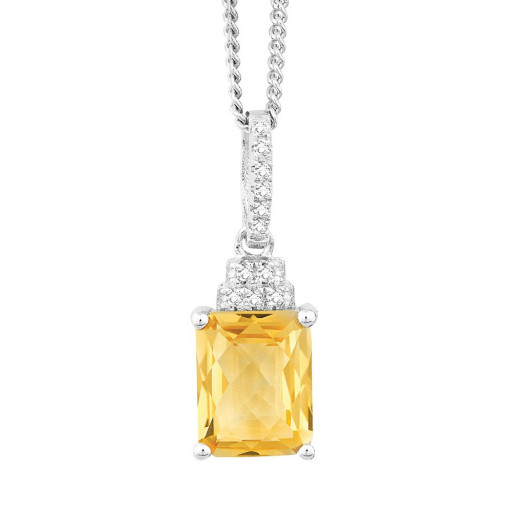 Octagon Cut Citrine & White Topaz Pendant in Italian Sterling Silver