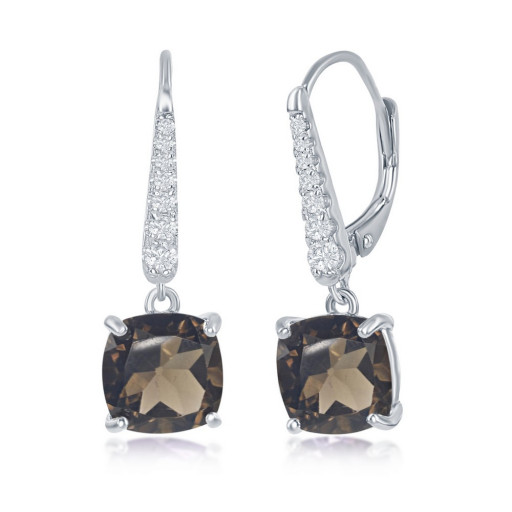 Cushion Cut Smokey Quartz & White Topaz Drop Earrings in Italian Sterling Silver