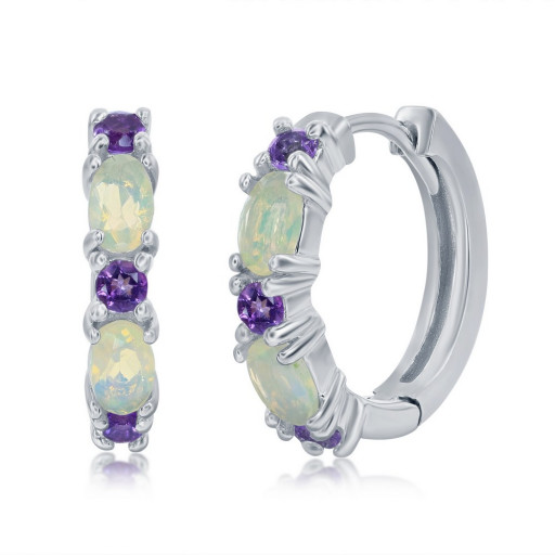 White Opal & Amethyst Hoop Earrings in Italian Sterling Silver