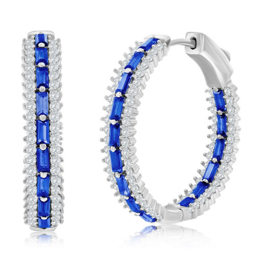 Tiffany Inspired Swarovski White & Blue Baguette Inside/Outside Hoops With Safety Clasp in Italian Sterling Silver