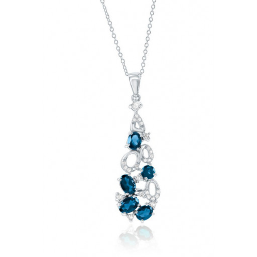 Harry Winston Inspired London Blue Topaz & White Topaz Drop Pendant in Italian Sterling Silver