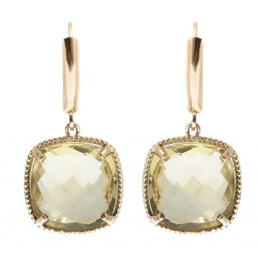 Harry Winston Inspired Checkerboard Cushion Cut Lemon Quartz Drop Earrings in 10K Yellow Gold