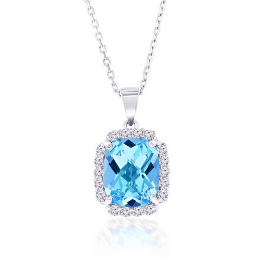 Faceted Blue Topaz Halo Pendant in Italian Sterling SIlver
