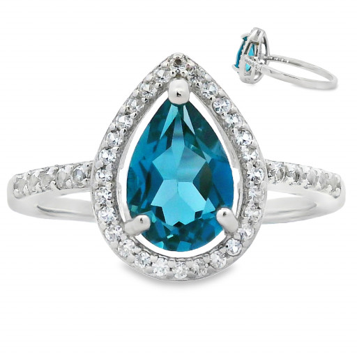 Tiffany Inspired Pear Shape London Blue Topaz & White Sapphire Halo Ring in Italian Sterling Silver